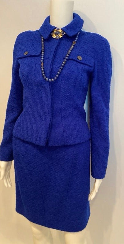 97A, 1997 Fall Vintage Chanel Boutique Royal Blue wool boucle Skirt Suit Jacket Set FR 36 US 2/4