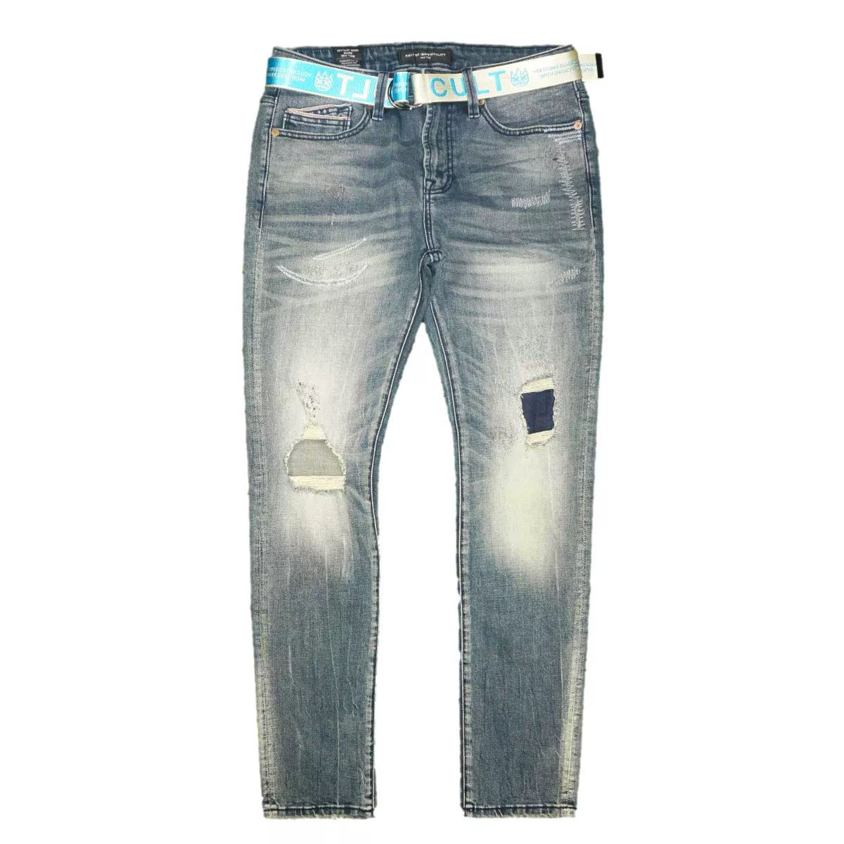 Belted Knee Rip Skinny Denim (Moss Blue) /C8