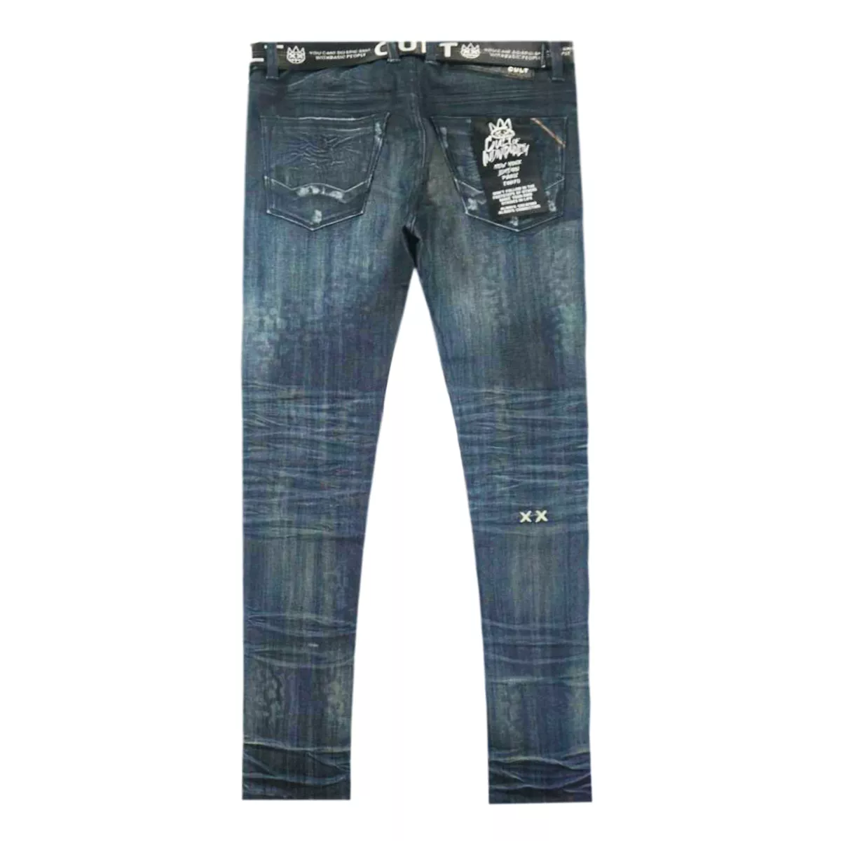 Belted Knee Ripped Denim (Dark Blue) C2