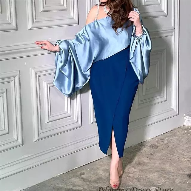 Blue Satin Mermaid Evening Vintage Long Puff Sleeves Dress 070611969 M