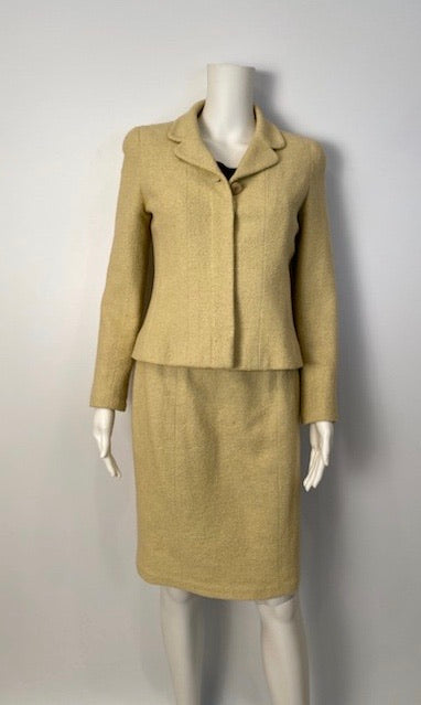 Chanel Boutique Cotton Boucle Yellow Green Skirt Blazer Jacket Suit Set US 4/6