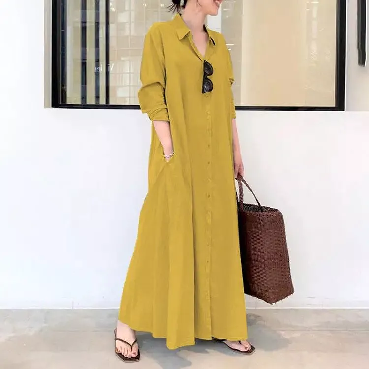 Fashion Women Dress Summer Casual Dresses Linen Vintage Maxi Casual Ladies Shirt Dresses B-15696