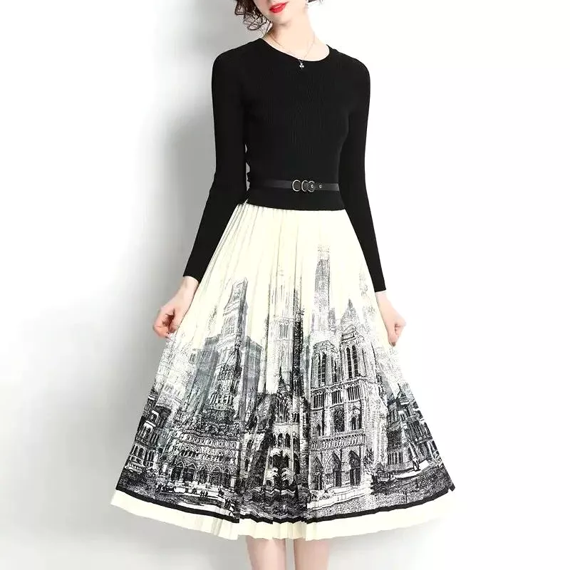 High Quality Autumn Dress Woman Clothing Elegant Knit Top Stitched Print Pleated Contrast Midi Long Vintage Party Dresses S46863