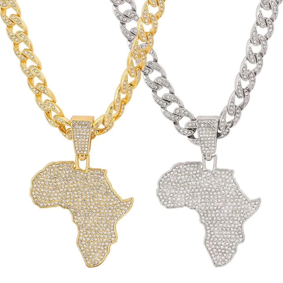 Hip hop big cuban chain with alloy and full CZ rhinestone map pendant necklace S4803177