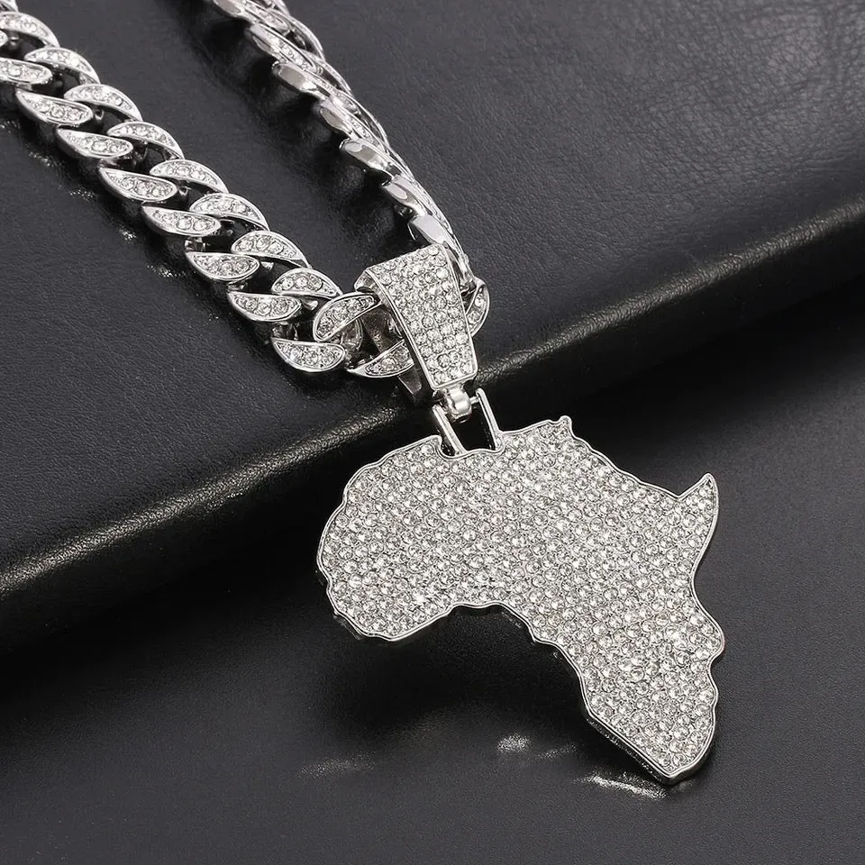 Hip hop big cuban chain with alloy and full CZ rhinestone map pendant necklace S4803177