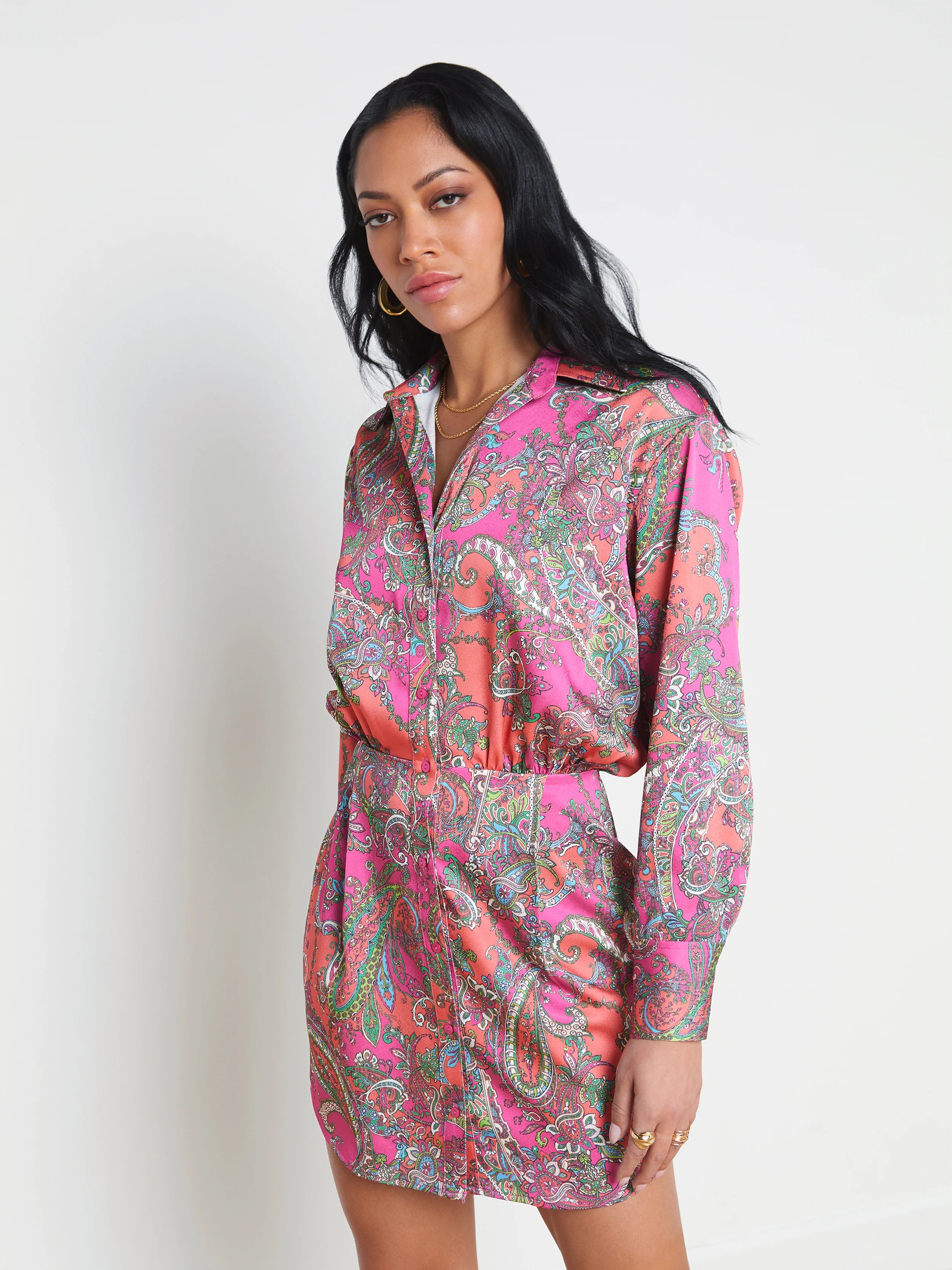 L’agence - Demetria Mini Shirt Dress - Rhodamine Multi Bright Pop Paisley