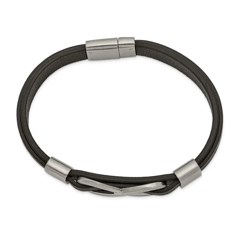 Mens Stainless Steel & Black Leather Brushed Infinity Bracelet, 8 Inch