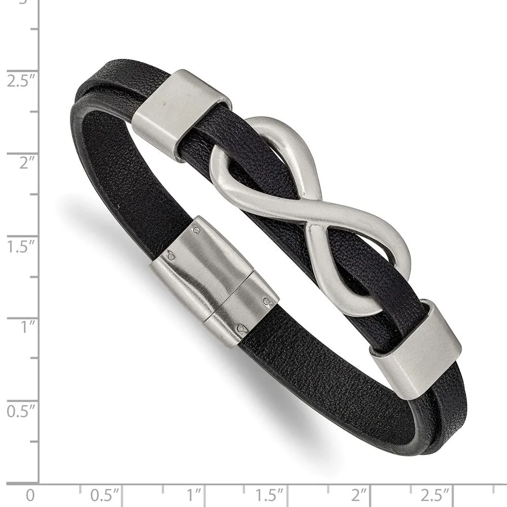 Mens Stainless Steel & Black Leather Brushed Infinity Bracelet, 8 Inch