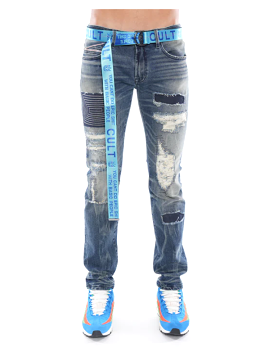 Patched Slim Belted Denim (Delft) /C1