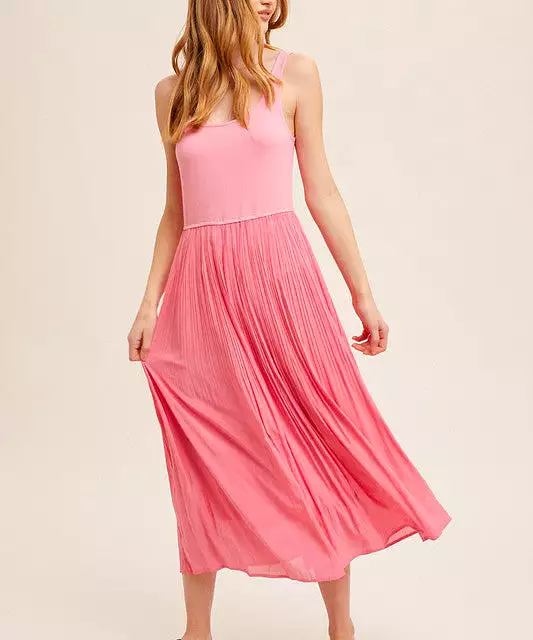 Pleated Skirt Tank Dress - Pink