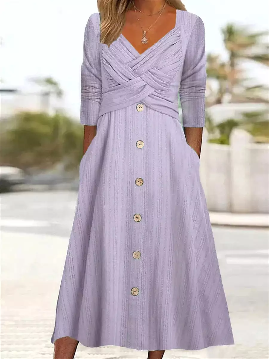 Pleated V Neck Midi Dress with Button Up and Ruched Detail in White, Purple, and Green