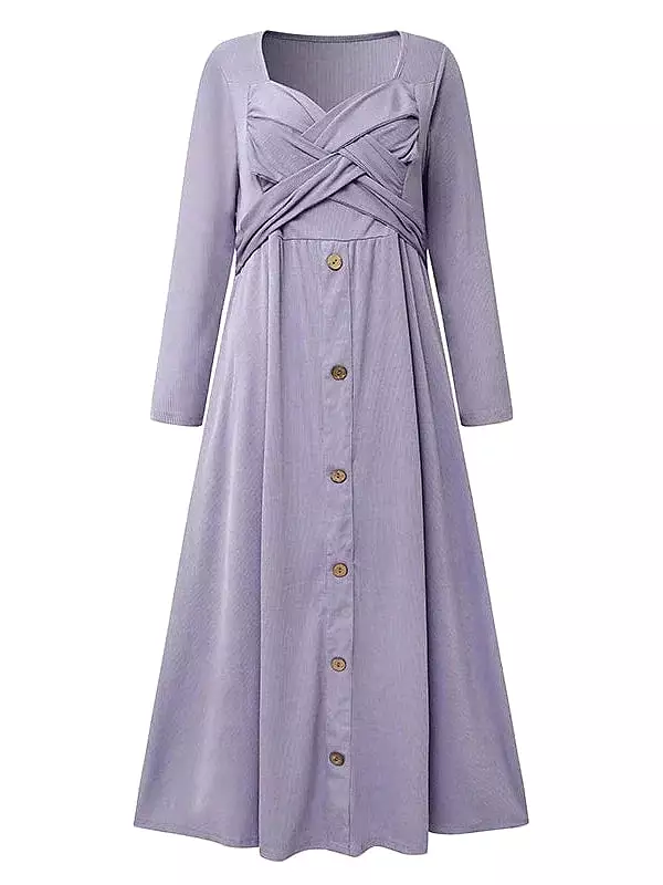 Pleated V Neck Midi Dress with Button Up and Ruched Detail in White, Purple, and Green