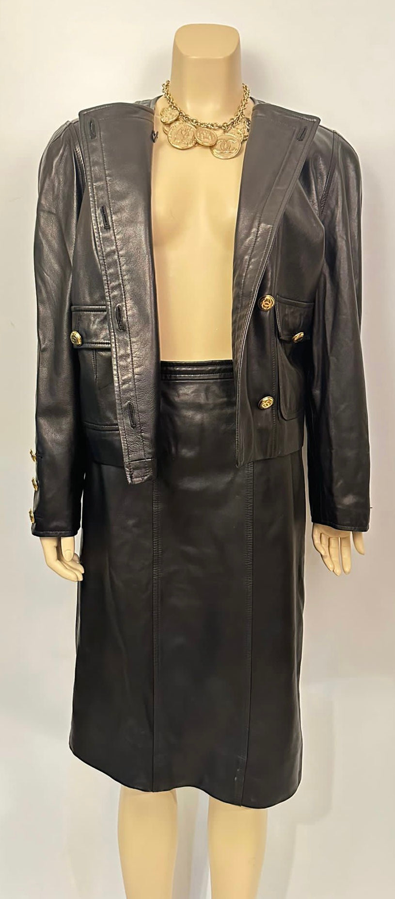 Rare Chanel Vintage 1980/1990 Black Leather Jacket and Skirt Suit FR 42