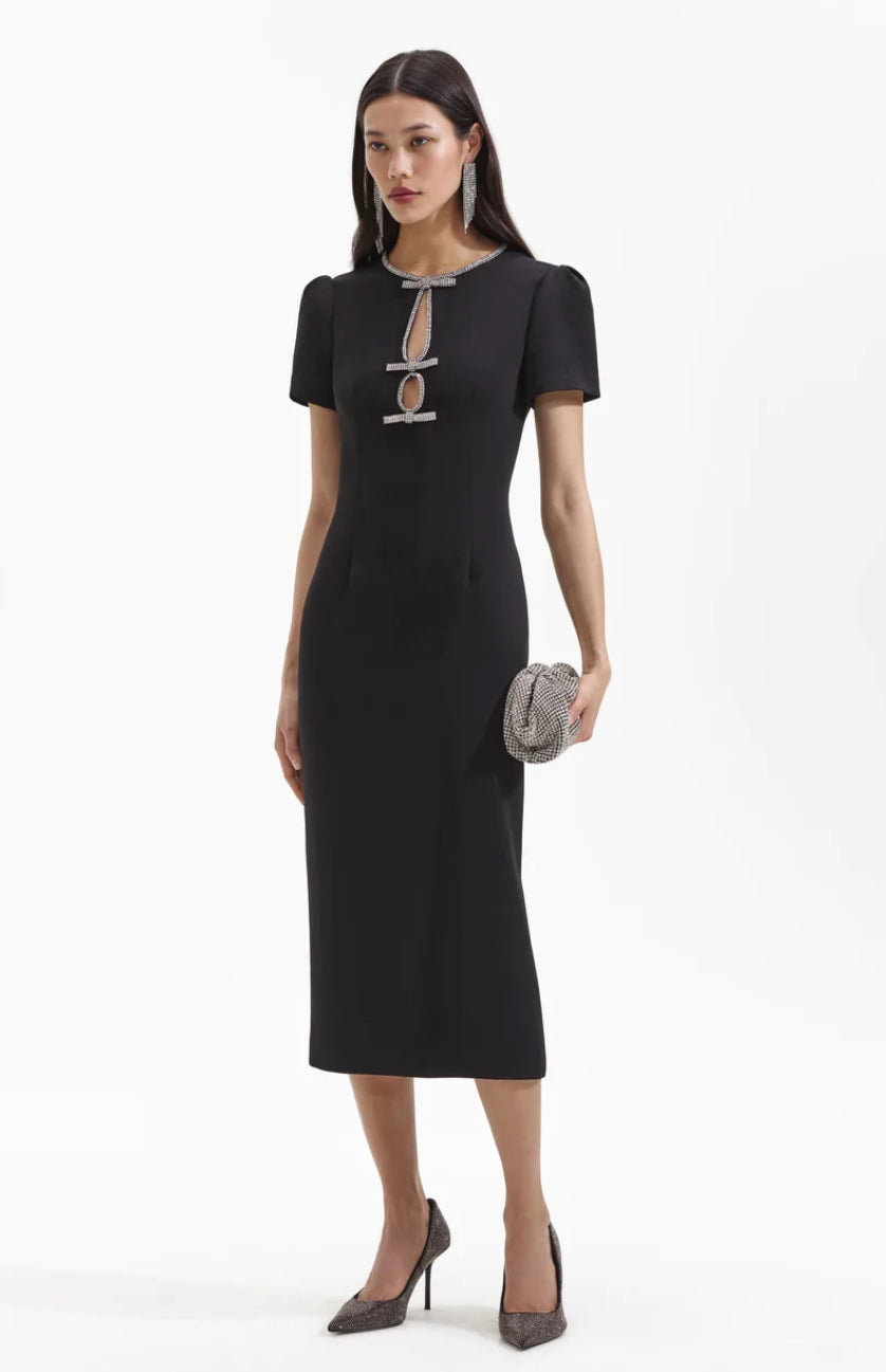 Self-portrait - Crepe Diamante Bow Midi Dress - Black