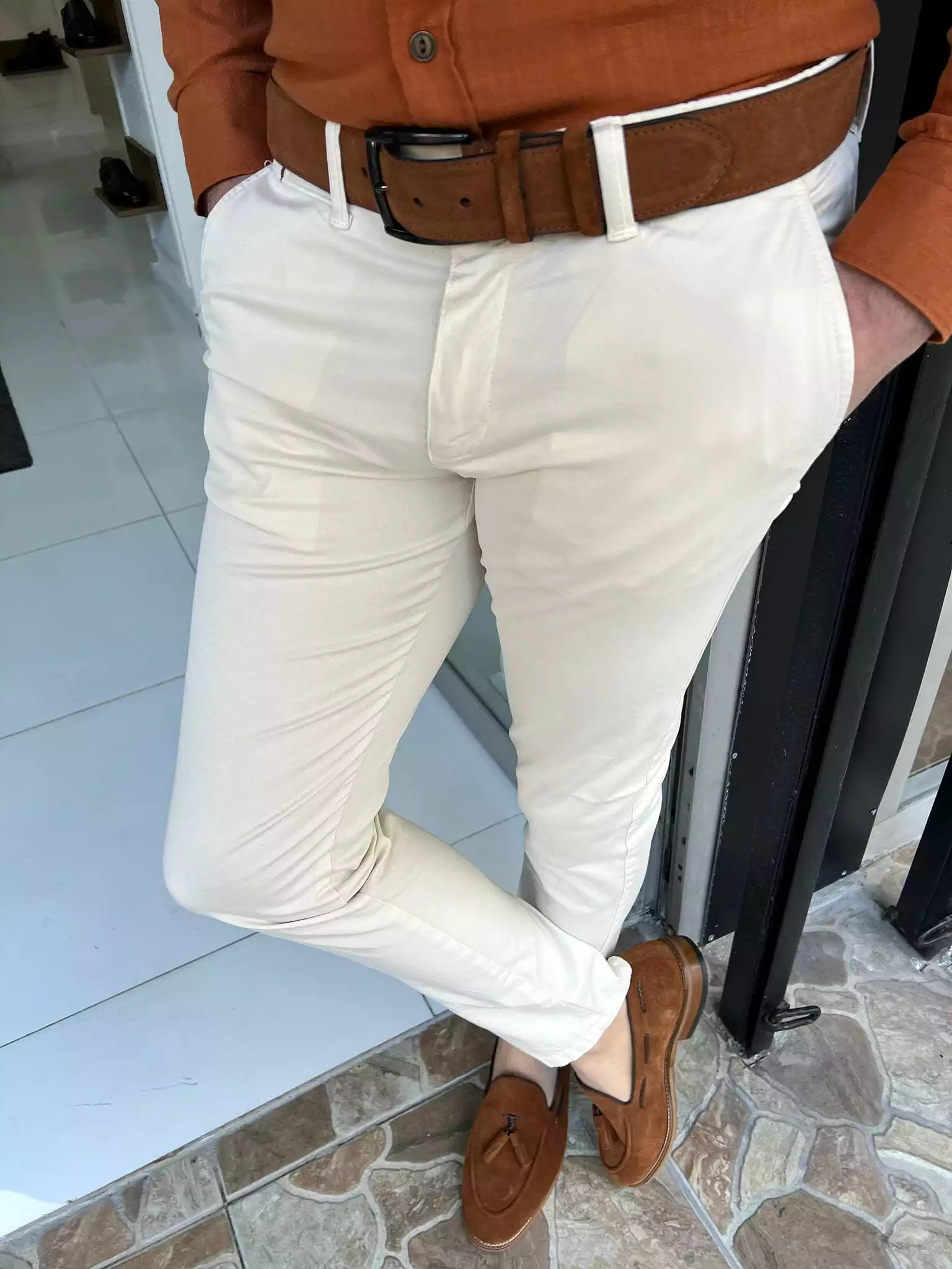 Slim Fit Cotton Cream Pants