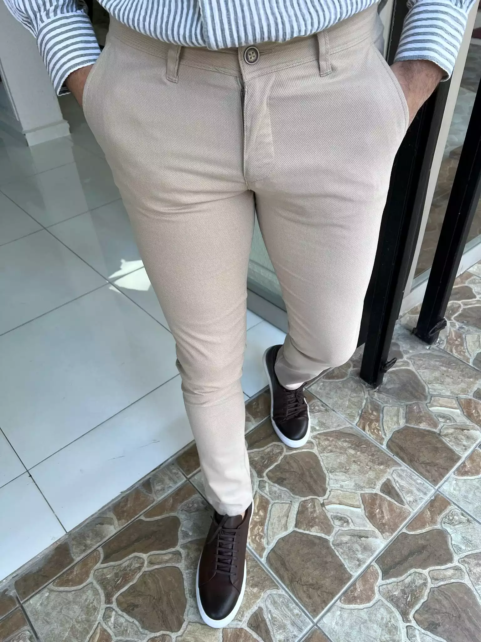 Slim Fit Micro Pattern Beige Pants