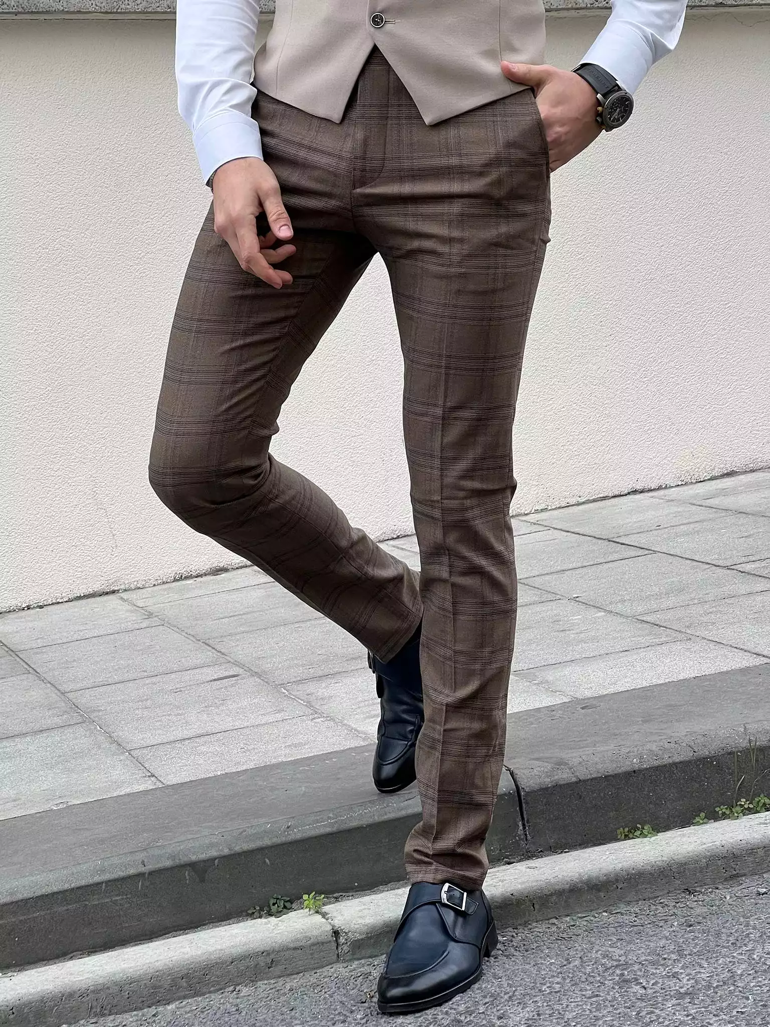 Slim Fit Plaid Wool Brown Men’s Fabric Pants