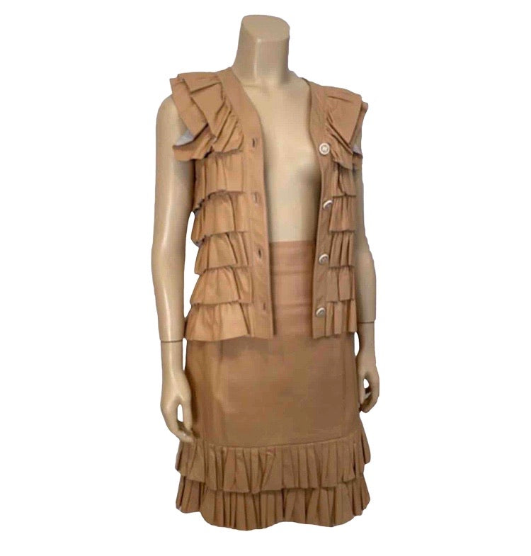 Vintage Chanel 01A, 2001 Fall Ruffle Beige Tan Leather Skirt Vest Dress Suit Set FR 36 US 4/6