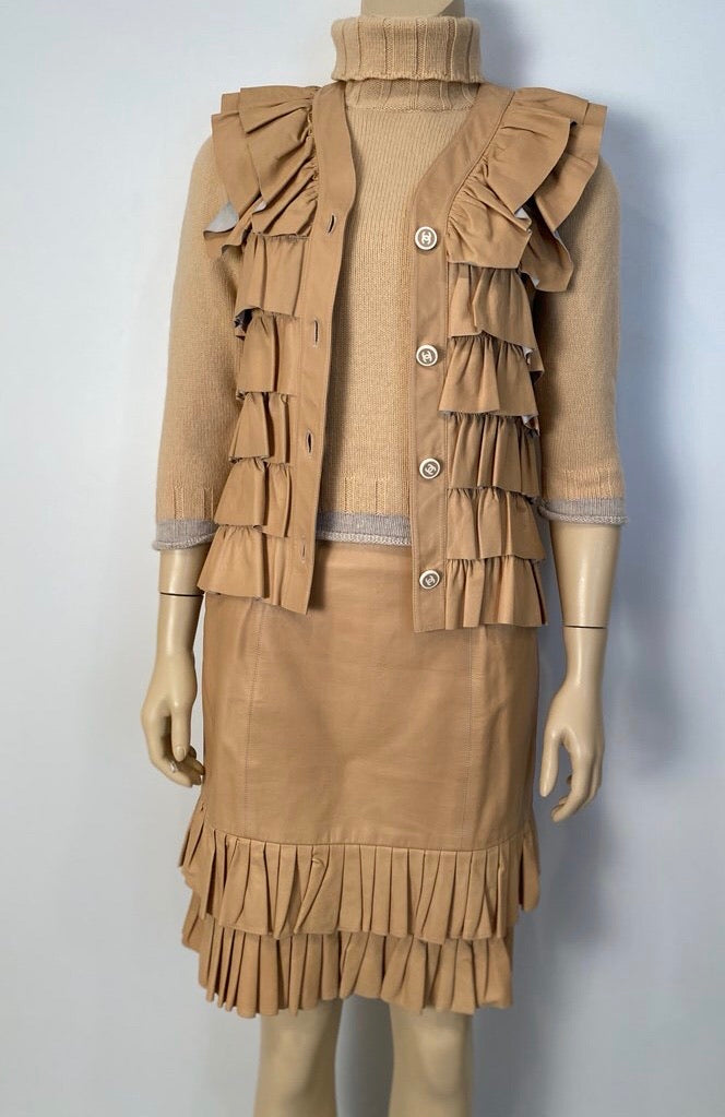 Vintage Chanel 01A, 2001 Fall Ruffle Beige Tan Leather Skirt Vest Dress Suit Set FR 36 US 4/6