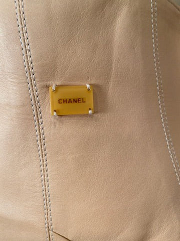 Vintage Chanel 01A, 2001 Fall Ruffle Beige Tan Leather Skirt Vest Dress Suit Set FR 36 US 4/6