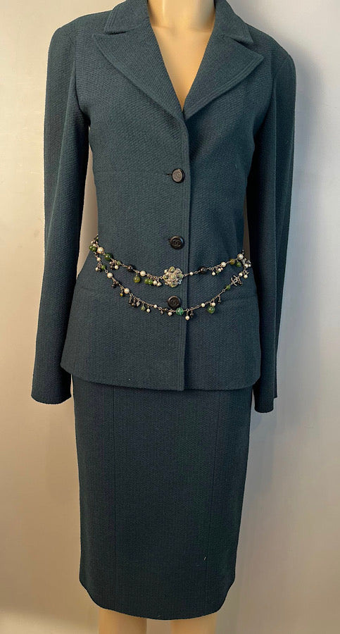 Vintage Chanel 98A 1998 Fall Green Jacket Skirt Suit FR 34 US 4