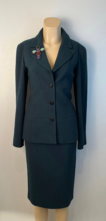 Vintage Chanel 98A 1998 Fall Green Jacket Skirt Suit FR 34 US 4