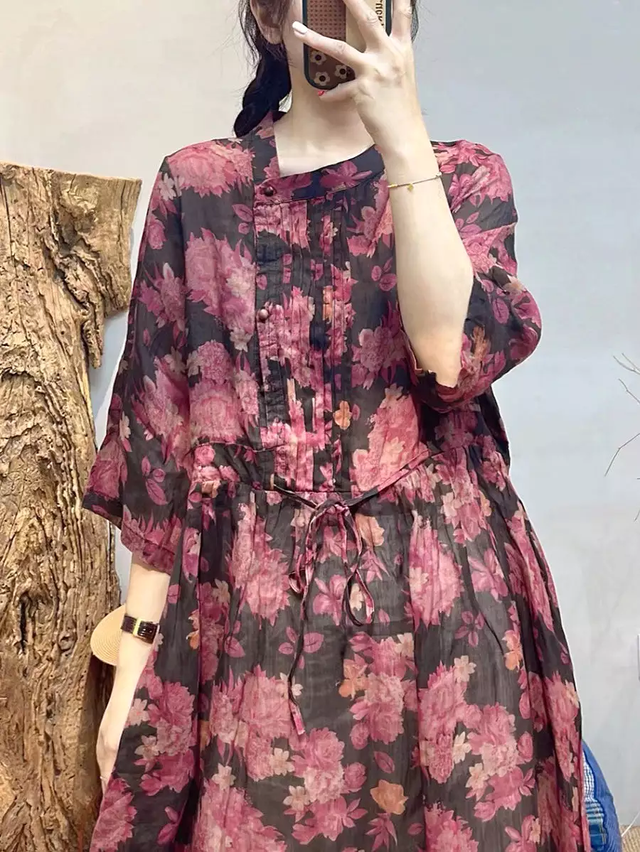 Women Summer Vintage Flower Ramie Loose Dress SC1020