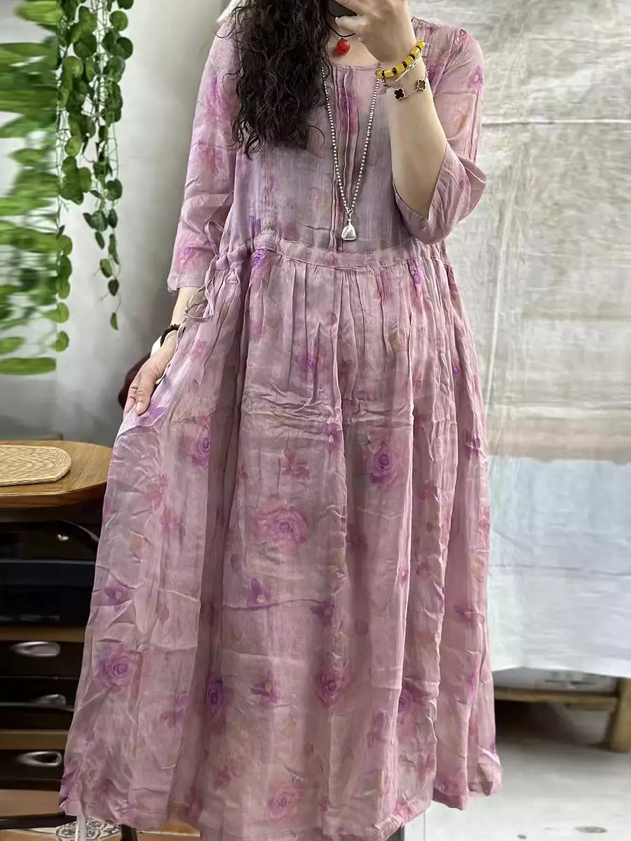 Women Vintage Flower Shirred Ramie Summer Loose Dress KL1004