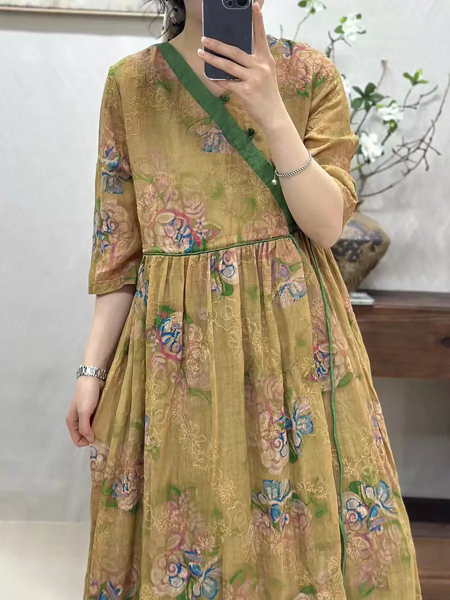 Women Vintage Flower Spliced Linen Dress CO1002