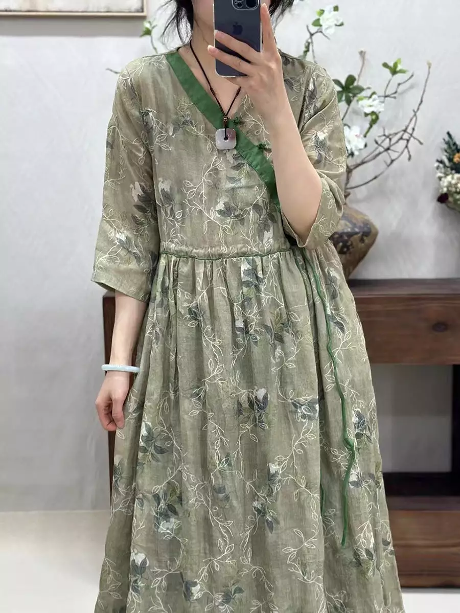 Women Vintage Flower Spliced Linen Dress CO1002