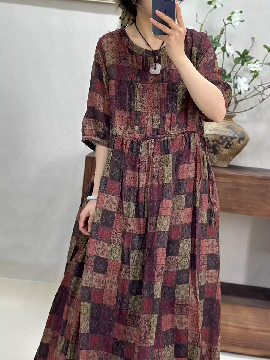 Women Vintage Summer Floral Plaid Loose Ramie Dress KL1025