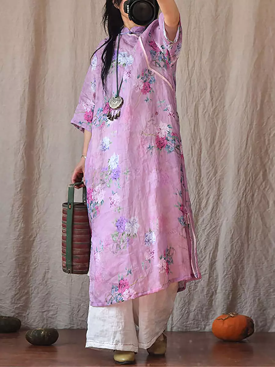 Women Vintage Summer Floral Ramie Robe Dress CO1022